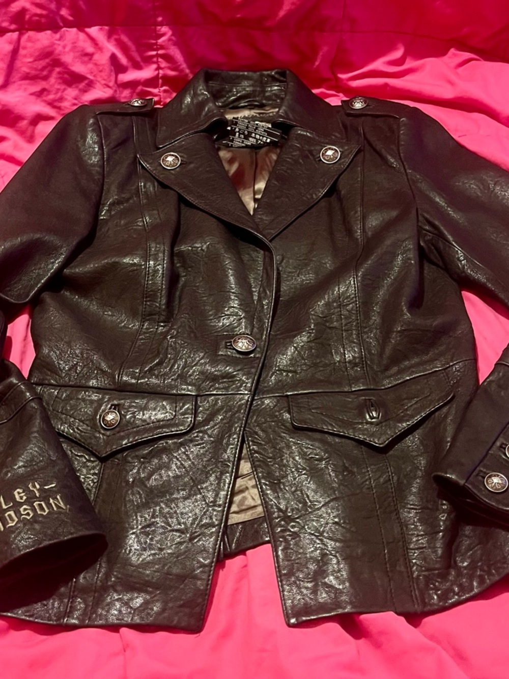 Harley-Davidson Black Leather Women's Jacket with Silver Buttons back HD logo